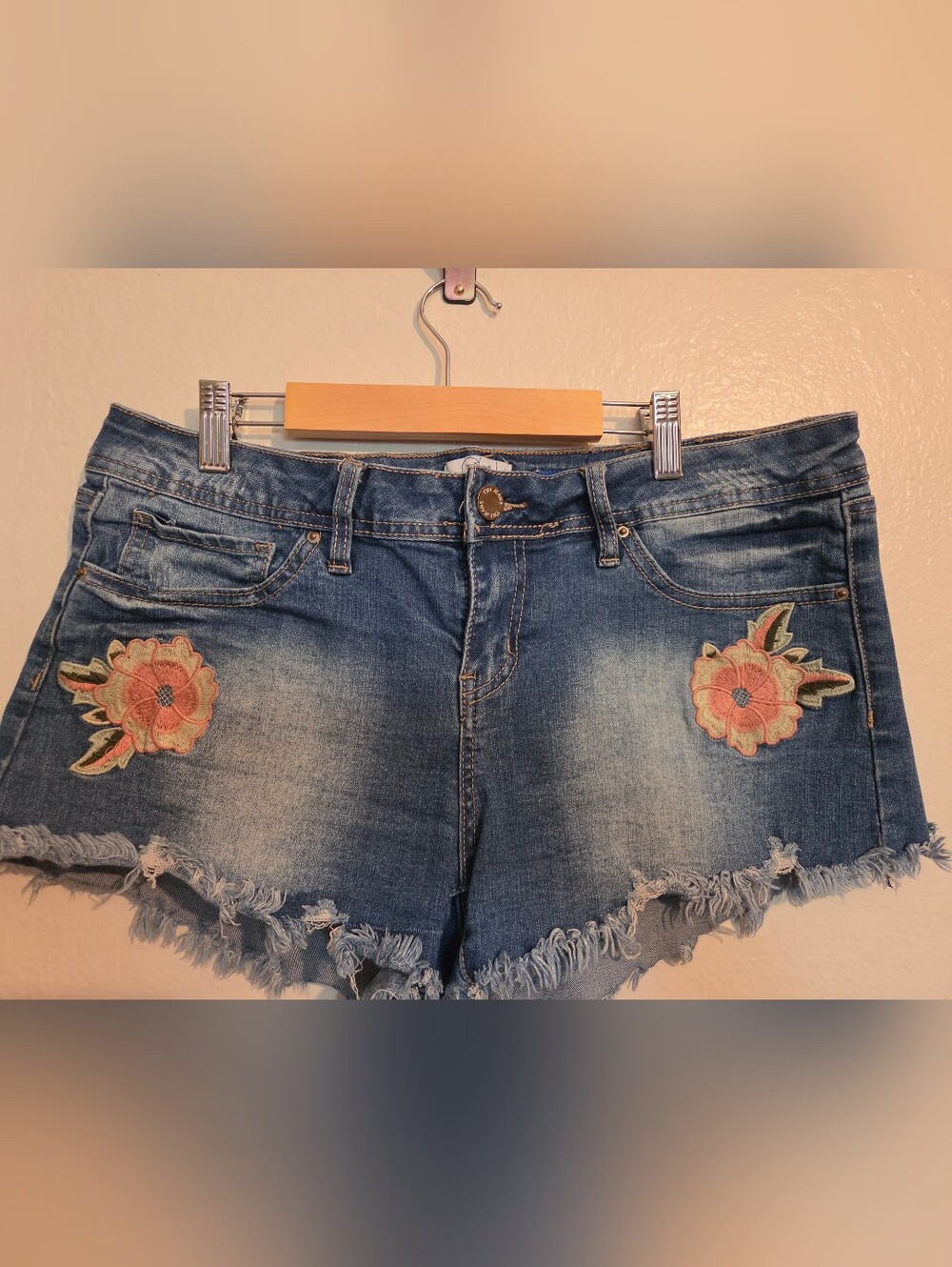 YMI Blue Denim Frayed Hem Shorts with Floral Embroidery